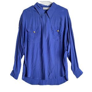 Vintage Anne Klein II Silk Blouse Half Zip Blue Pocket With Maple Button Retro